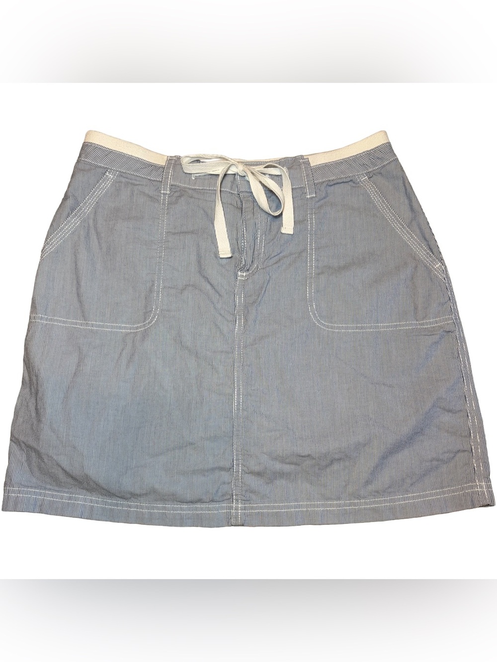 Vintage Y2K Faded Glory Blue Striped Skirt Skort Tie Waist Pockets Women’s 6